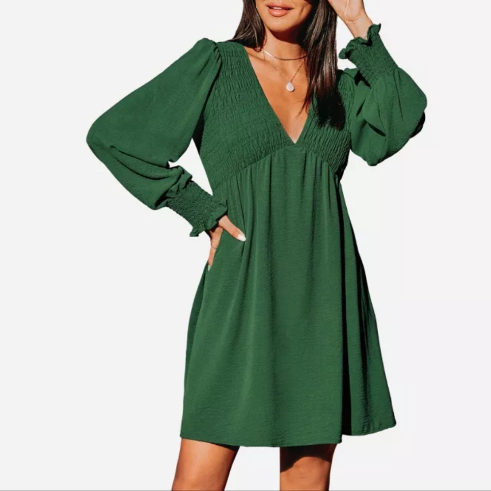Cupshe Green Smocked Long Sleeve Mini Dress Size Small